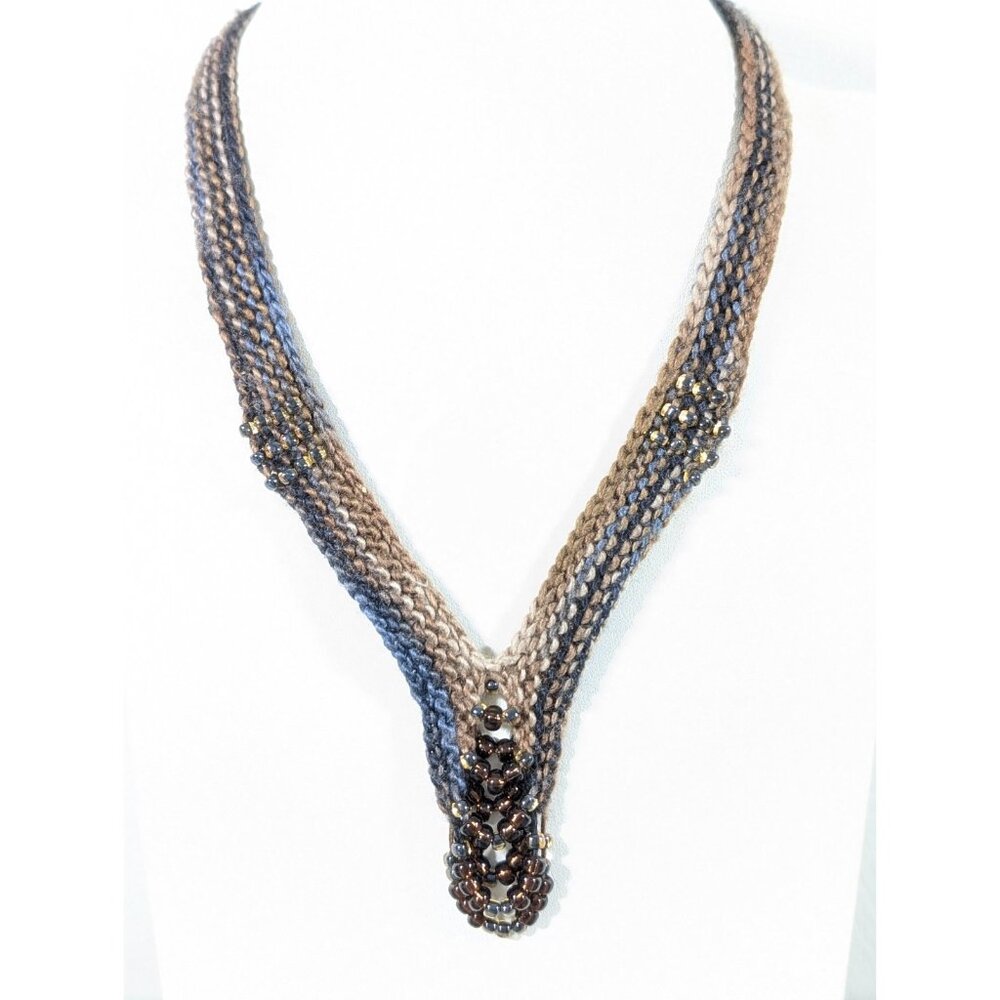 Vintage Woven Knit V Shape Statement Necklace Glass Bead Artisan Boho 16" Collar